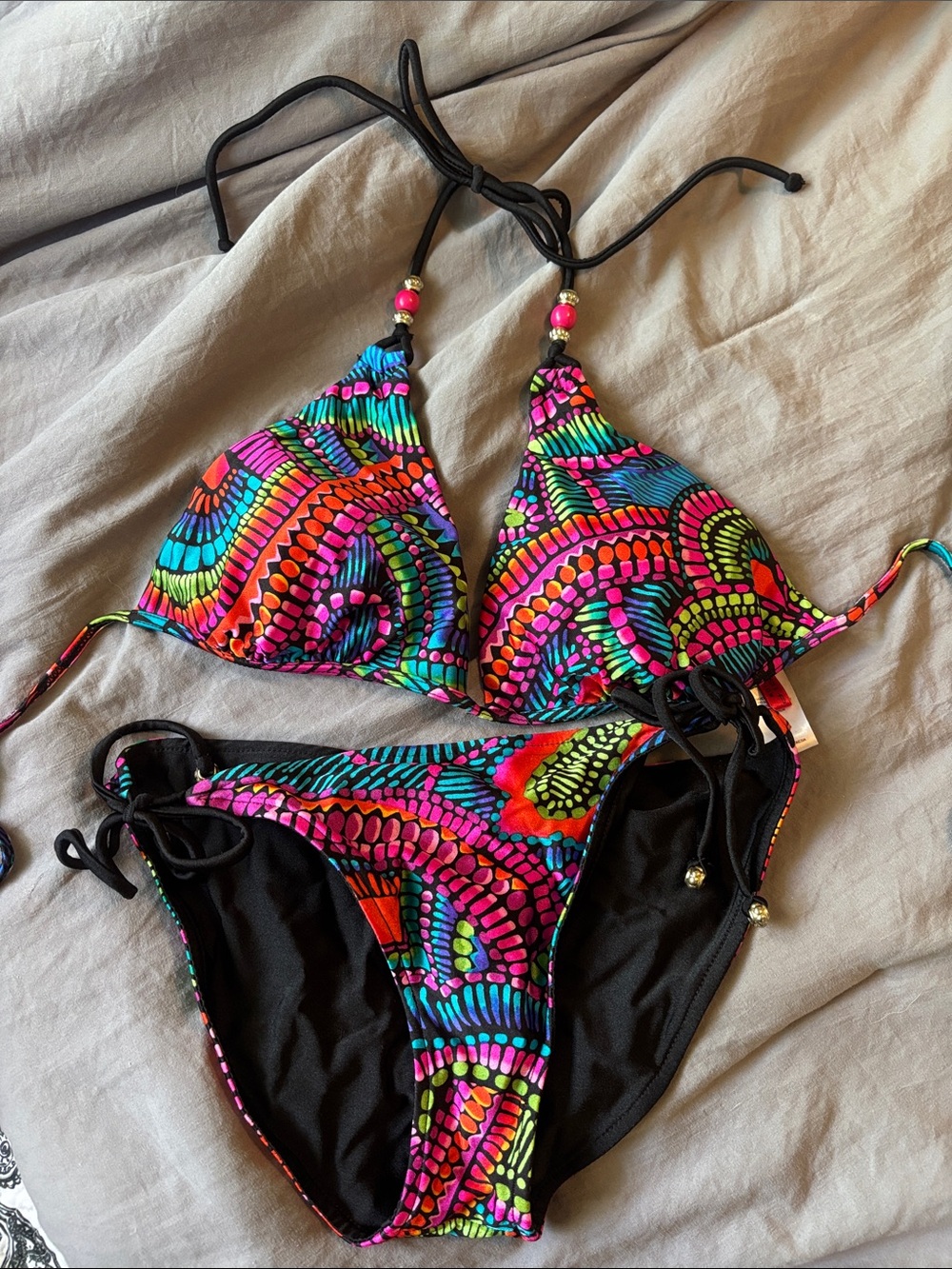 Women’s Neon Multi-Color Tie Bikini Top and Bottom Set